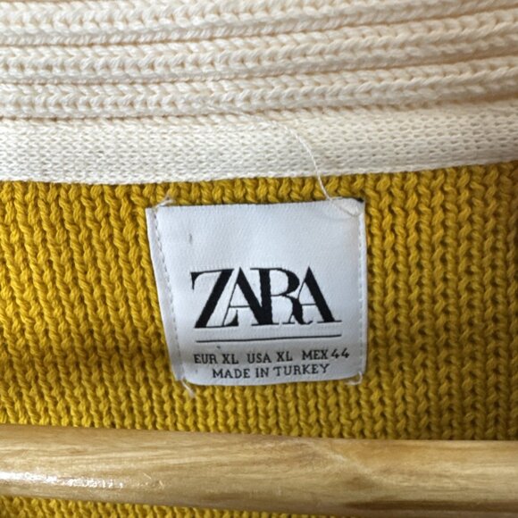 Zara Men XL Preppy Tennis Varsity Cardigan Stripped Knit Sweater Yellow Blue - Picture 2 of 5